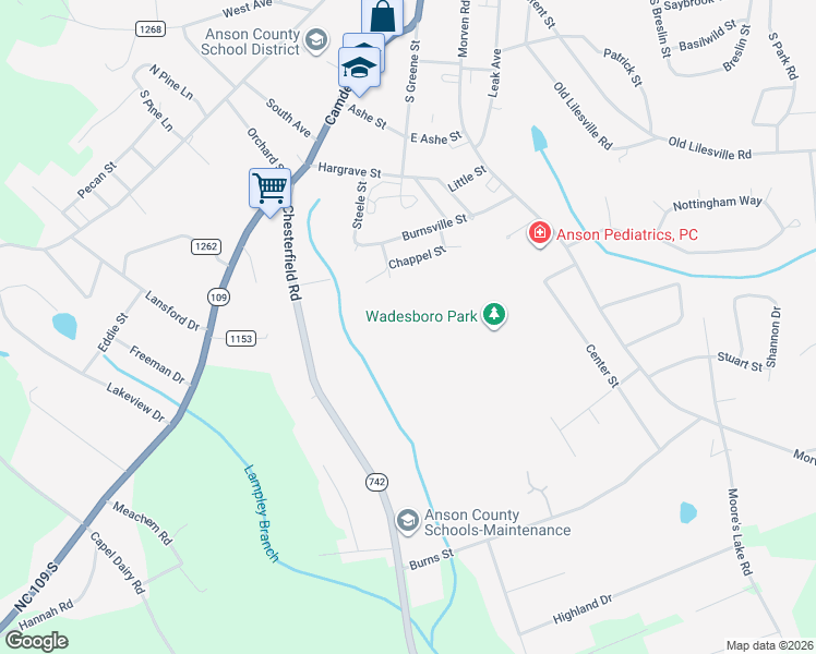 map of restaurants, bars, coffee shops, grocery stores, and more near 69 Chappel Street in Wadesboro