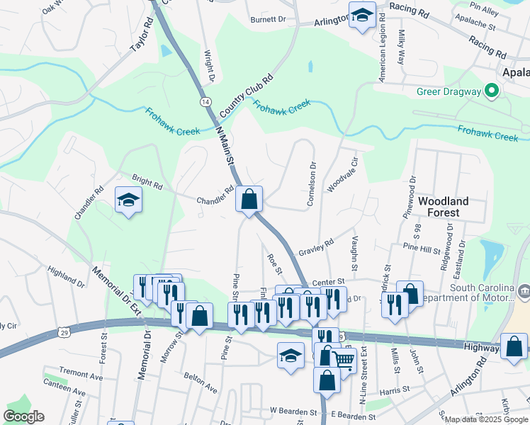map of restaurants, bars, coffee shops, grocery stores, and more near 349 Cornelson Drive in Greer