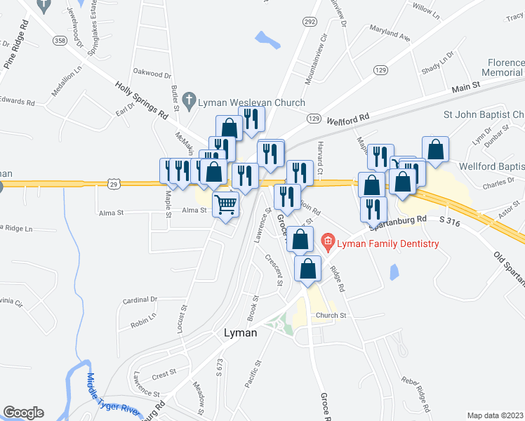 map of restaurants, bars, coffee shops, grocery stores, and more near 5 Lawrence Street in Lyman