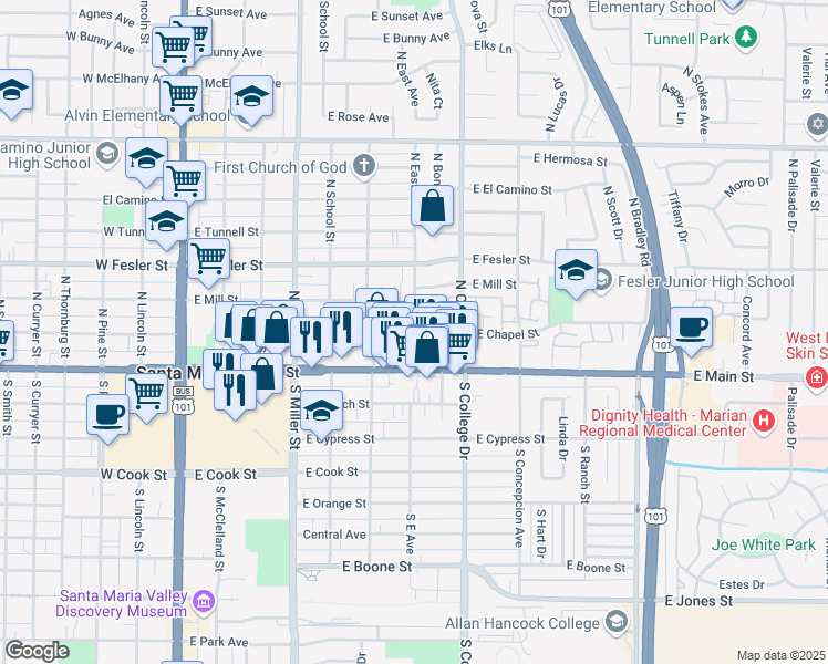 map of restaurants, bars, coffee shops, grocery stores, and more near 101 North East Avenue in Santa Maria