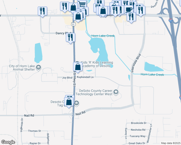 map of restaurants, bars, coffee shops, grocery stores, and more near 1344 Arbor Lake Drive West in Horn Lake