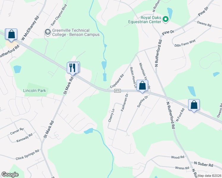 map of restaurants, bars, coffee shops, grocery stores, and more near 545 Copeland Road in Greer