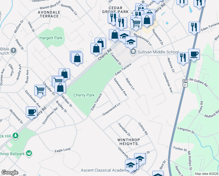 map of restaurants, bars, coffee shops, grocery stores, and more near 765 Emorywood Avenue in Rock Hill