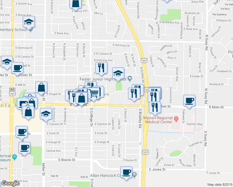 map of restaurants, bars, coffee shops, grocery stores, and more near 133 Regal Drive in Santa Maria