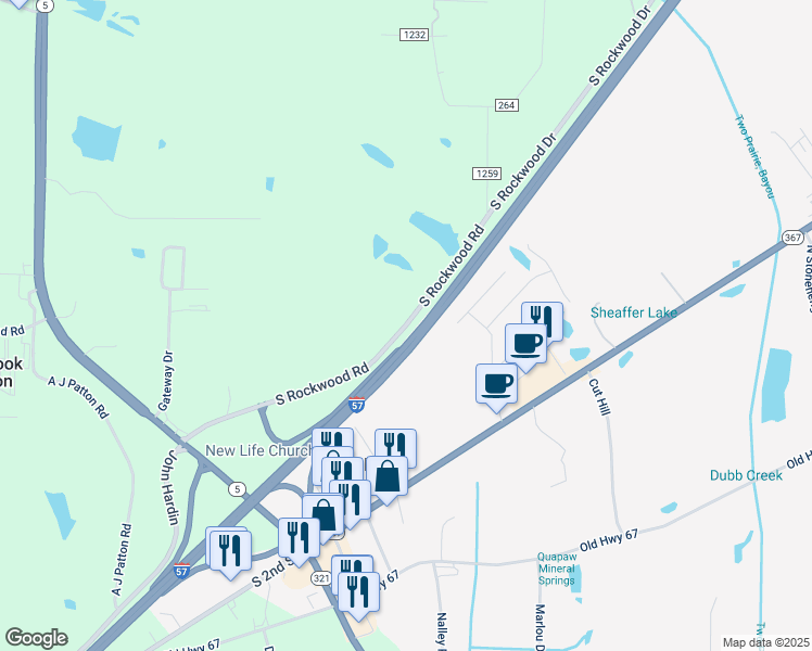 map of restaurants, bars, coffee shops, grocery stores, and more near Grayhawk Road in Cabot