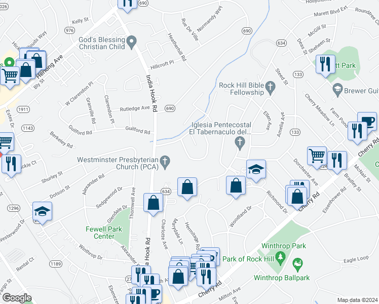 map of restaurants, bars, coffee shops, grocery stores, and more near 721 Summerwood Drive in Rock Hill