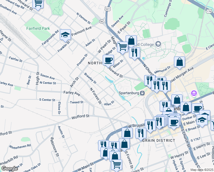 map of restaurants, bars, coffee shops, grocery stores, and more near 297 Manning Street in Spartanburg
