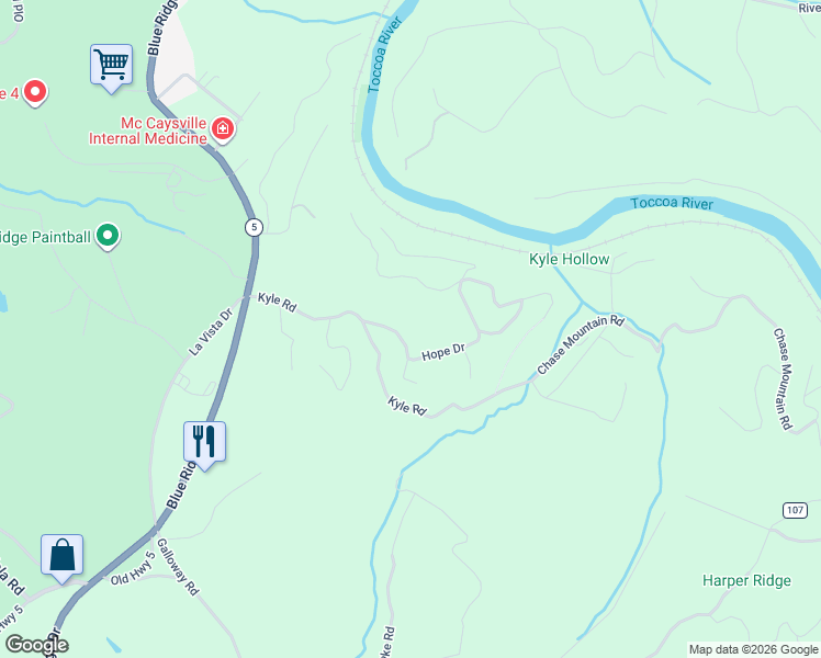 map of restaurants, bars, coffee shops, grocery stores, and more near 103 Hope Drive in Mineral Bluff