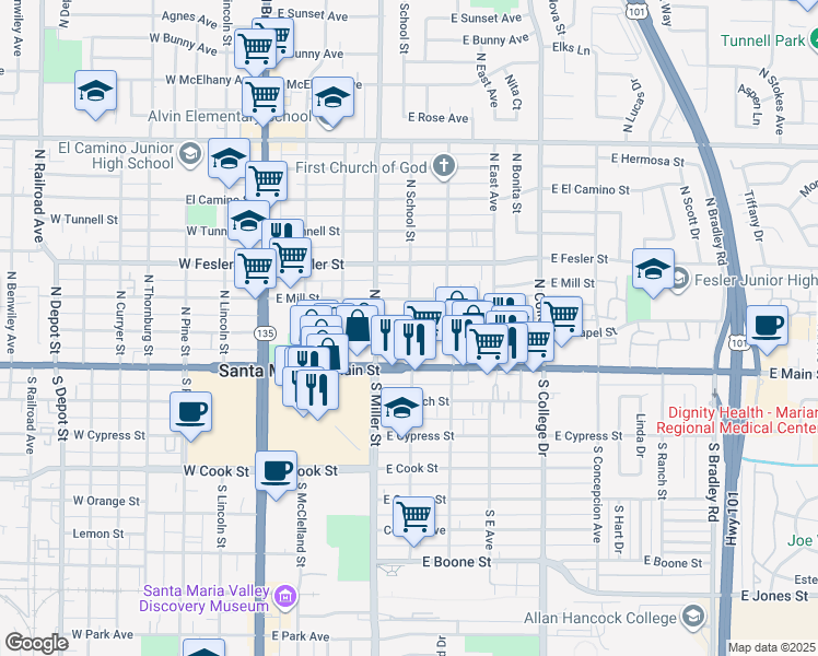map of restaurants, bars, coffee shops, grocery stores, and more near 421 East Chapel Street in Santa Maria