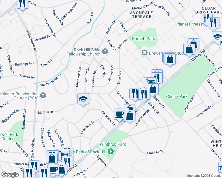 map of restaurants, bars, coffee shops, grocery stores, and more near 1155 Bose Avenue in Rock Hill