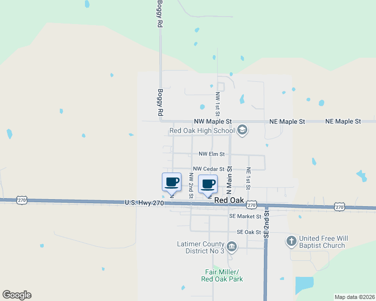map of restaurants, bars, coffee shops, grocery stores, and more near 404 Northwest 2nd Street in Red Oak