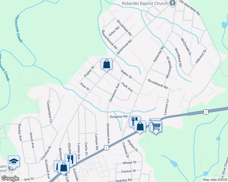 map of restaurants, bars, coffee shops, grocery stores, and more near 707 Deweese Avenue in Rockingham