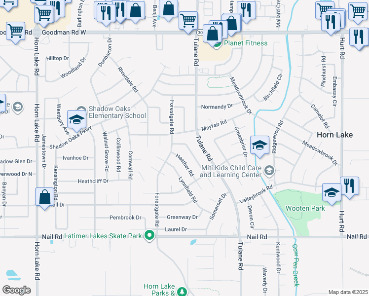 map of restaurants, bars, coffee shops, grocery stores, and more near 6545 Yorkshire Road in Horn Lake
