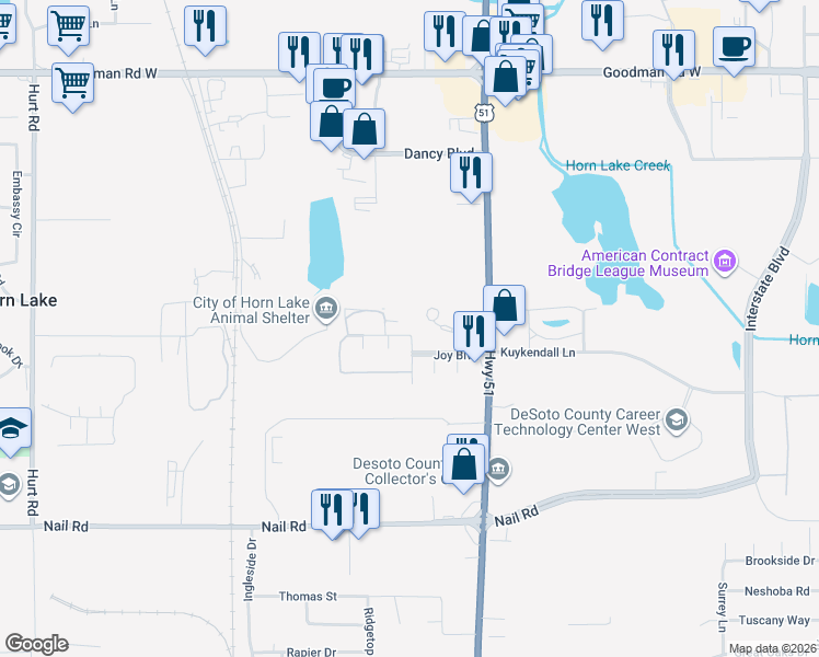 map of restaurants, bars, coffee shops, grocery stores, and more near 1682 Joy Boulevard in Horn Lake