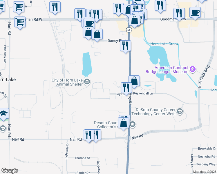 map of restaurants, bars, coffee shops, grocery stores, and more near 1682 Joy Boulevard in Horn Lake