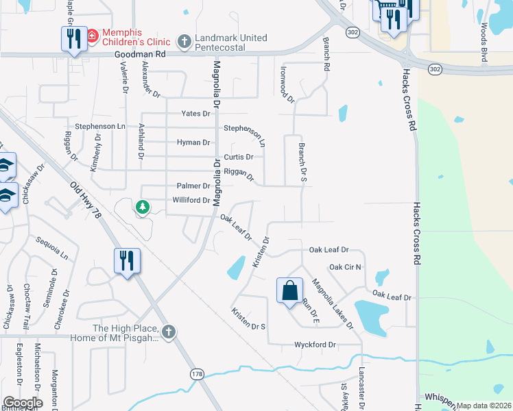 map of restaurants, bars, coffee shops, grocery stores, and more near 6572 Rosewood Drive in Olive Branch