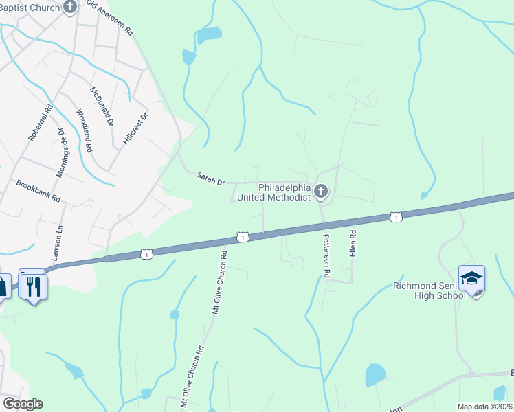 map of restaurants, bars, coffee shops, grocery stores, and more near 121 Philadelphia Drive in Rockingham