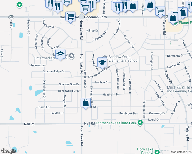 map of restaurants, bars, coffee shops, grocery stores, and more near 3855 Shadow Oaks Parkway in Horn Lake