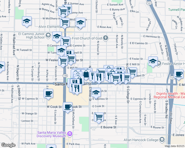 map of restaurants, bars, coffee shops, grocery stores, and more near 407 East Chapel Street in Santa Maria