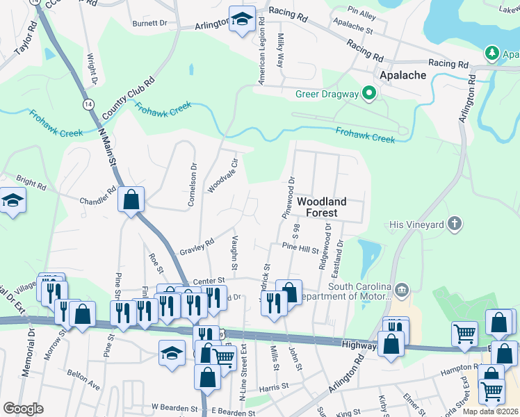 map of restaurants, bars, coffee shops, grocery stores, and more near 612 Forest Creek Circle in Greer