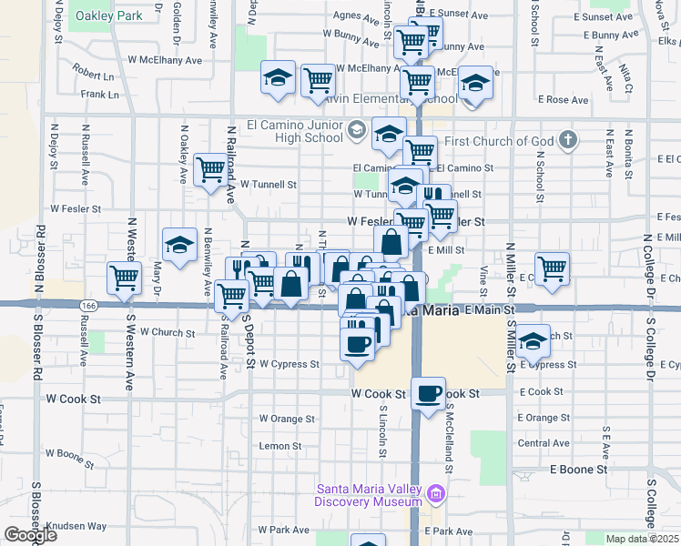 map of restaurants, bars, coffee shops, grocery stores, and more near 311 West Chapel Street in Santa Maria