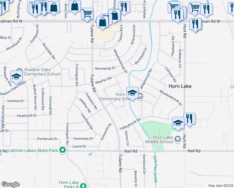 map of restaurants, bars, coffee shops, grocery stores, and more near 3029 Greenbriar Cove West in Horn Lake