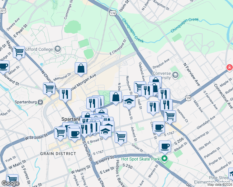 map of restaurants, bars, coffee shops, grocery stores, and more near 230 North Dean Street in Spartanburg