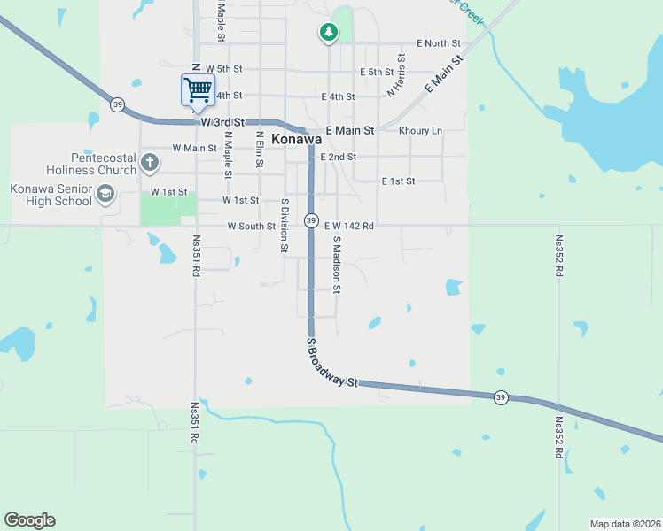 map of restaurants, bars, coffee shops, grocery stores, and more near 307 South Madison Street in Konawa