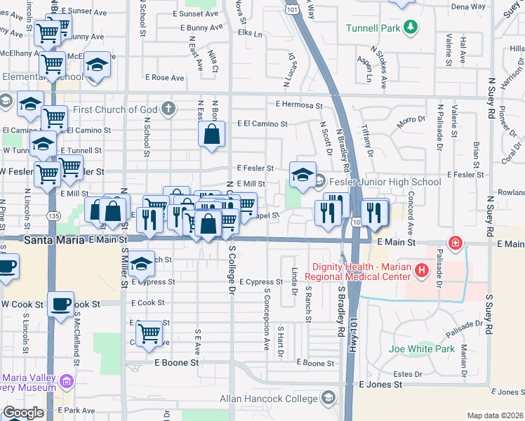 map of restaurants, bars, coffee shops, grocery stores, and more near 844 Castle Lane in Santa Maria