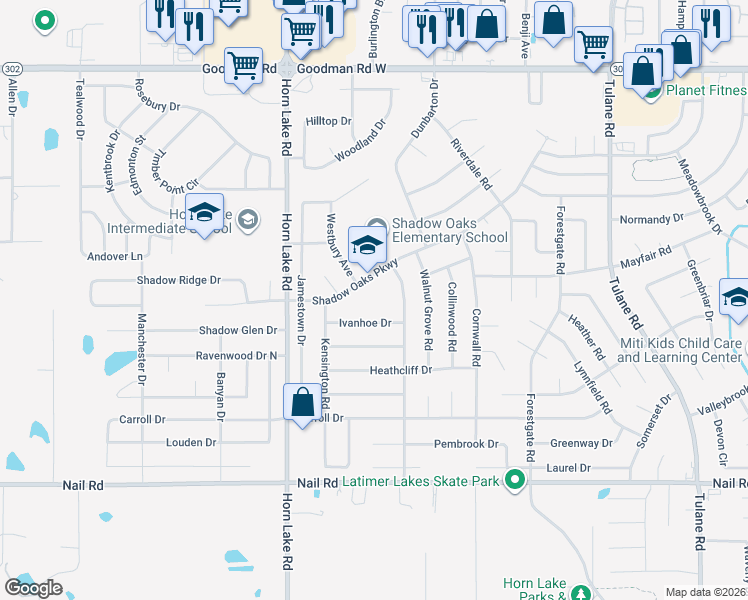 map of restaurants, bars, coffee shops, grocery stores, and more near 6495 Sandhurst Road in Horn Lake