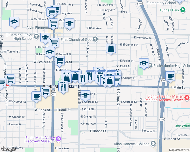 map of restaurants, bars, coffee shops, grocery stores, and more near 527 East Chapel Street in Santa Maria