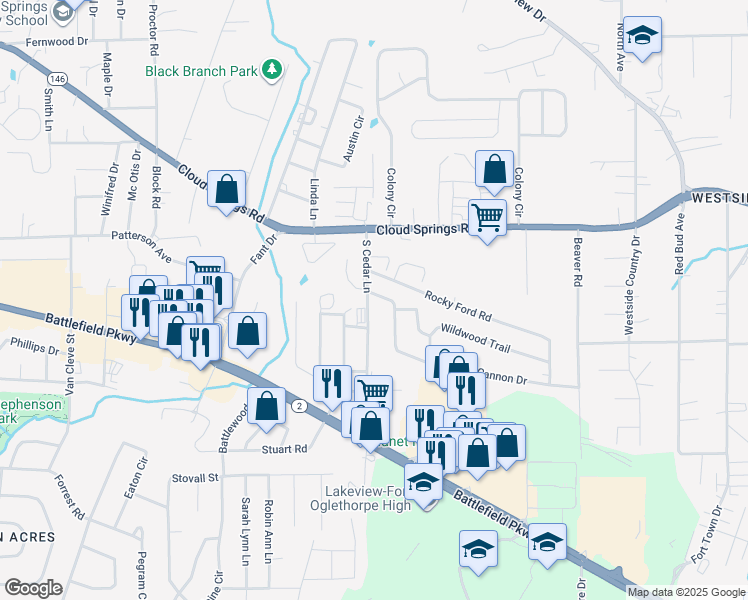 map of restaurants, bars, coffee shops, grocery stores, and more near 1101 Park Forrest Drive in Fort Oglethorpe