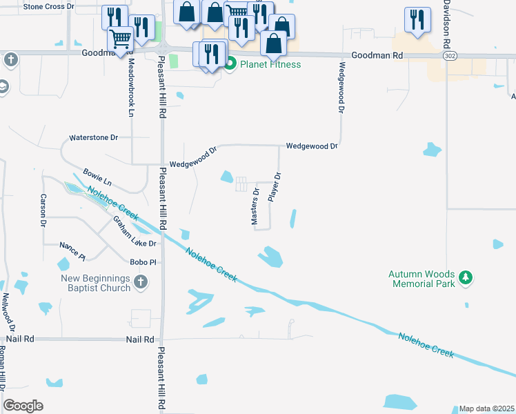 map of restaurants, bars, coffee shops, grocery stores, and more near 6590 Masters Drive in Olive Branch