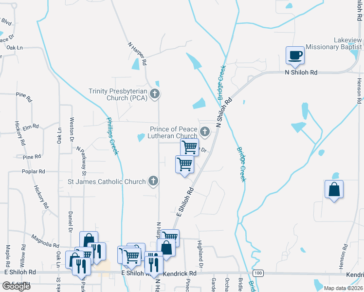 map of restaurants, bars, coffee shops, grocery stores, and more near 3010 Northaven Drive in Corinth