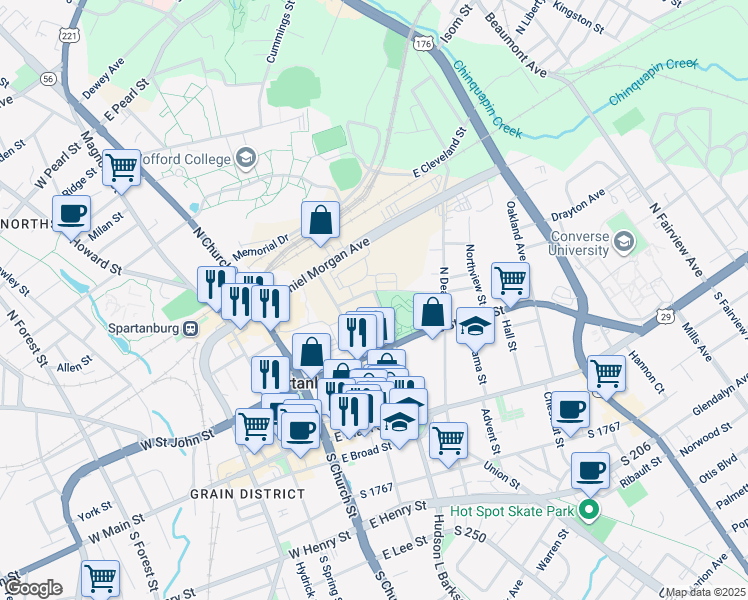 map of restaurants, bars, coffee shops, grocery stores, and more near 260 North Converse Street in Spartanburg