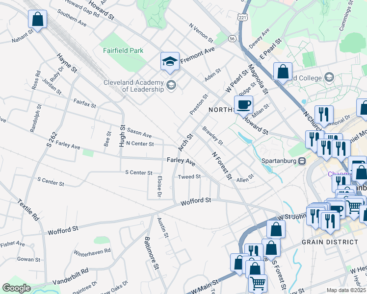 map of restaurants, bars, coffee shops, grocery stores, and more near 391 Arch Street in Spartanburg