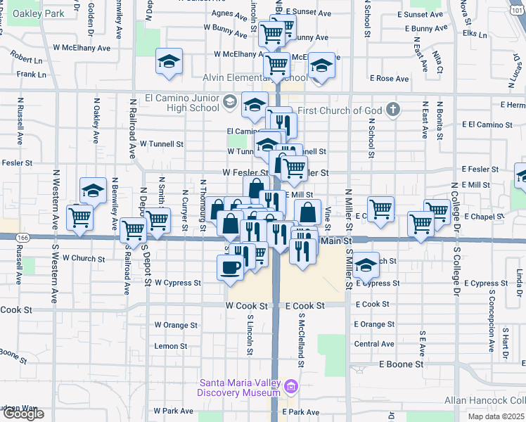 map of restaurants, bars, coffee shops, grocery stores, and more near 111 West Chapel Street in Santa Maria