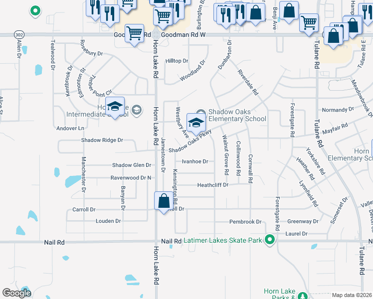 map of restaurants, bars, coffee shops, grocery stores, and more near 3855 Shadow Oaks Parkway in Horn Lake
