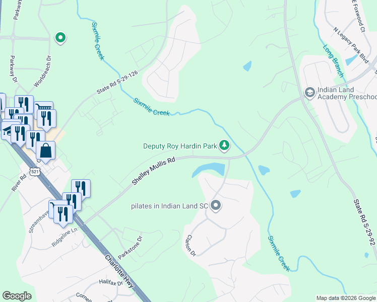 map of restaurants, bars, coffee shops, grocery stores, and more near 8258 Shelley Mullis Road in Fort Mill