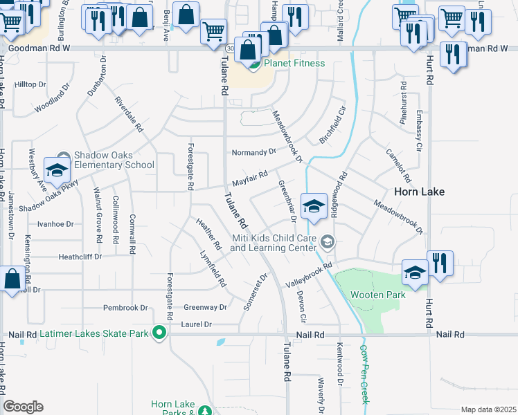 map of restaurants, bars, coffee shops, grocery stores, and more near 6470 Forest Glen Drive in Horn Lake