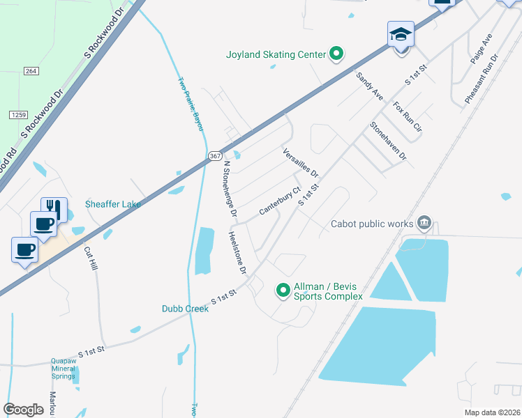 map of restaurants, bars, coffee shops, grocery stores, and more near 2429 Canterbury Court in Cabot