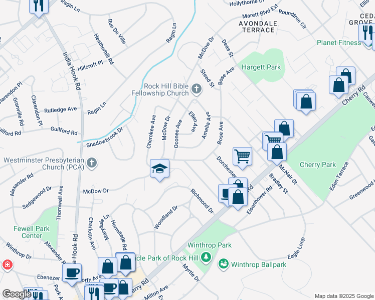 map of restaurants, bars, coffee shops, grocery stores, and more near 1118 Amelia Avenue in Rock Hill