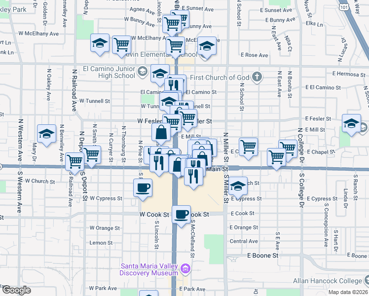 map of restaurants, bars, coffee shops, grocery stores, and more near 120 North Broadway in Santa Maria