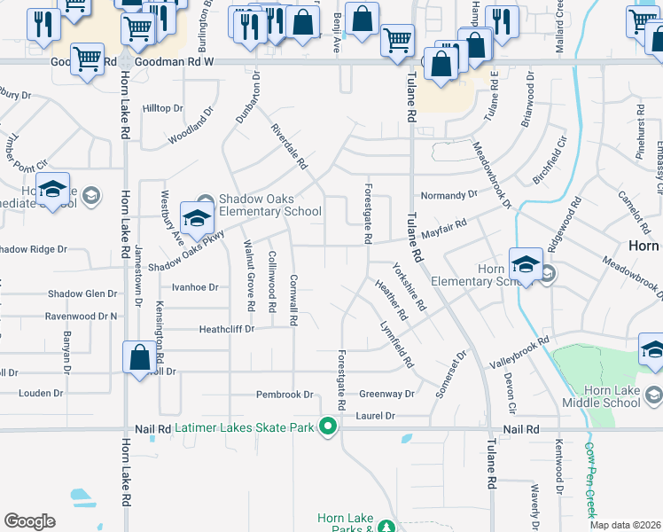 map of restaurants, bars, coffee shops, grocery stores, and more near 6430 Riverdale Cove in Horn Lake