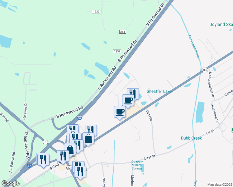 map of restaurants, bars, coffee shops, grocery stores, and more near 2808 Southfork Drive in Cabot