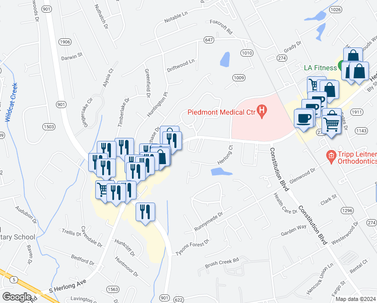 map of restaurants, bars, coffee shops, grocery stores, and more near 1068 Kensington Square in Rock Hill