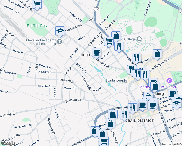map of restaurants, bars, coffee shops, grocery stores, and more near 297 Manning Street in Spartanburg