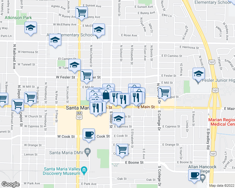map of restaurants, bars, coffee shops, grocery stores, and more near 421 East Chapel Street in Santa Maria