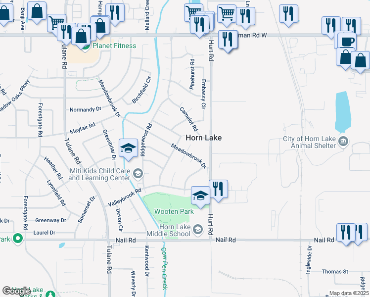 map of restaurants, bars, coffee shops, grocery stores, and more near 6425 Greenbrook Cove North in Horn Lake