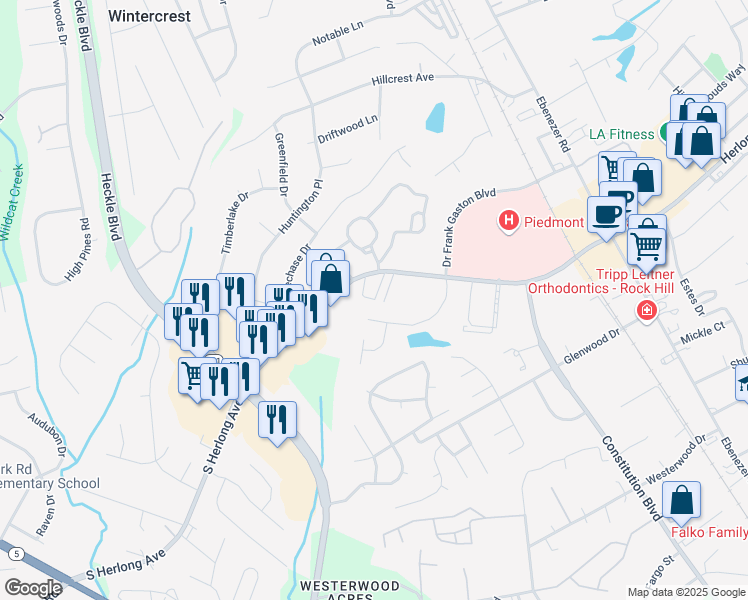 map of restaurants, bars, coffee shops, grocery stores, and more near 1054 Kensington Square in Rock Hill